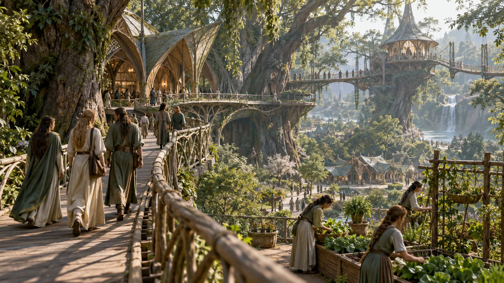 A forest city links living tree halls and public walkways above a market garden.