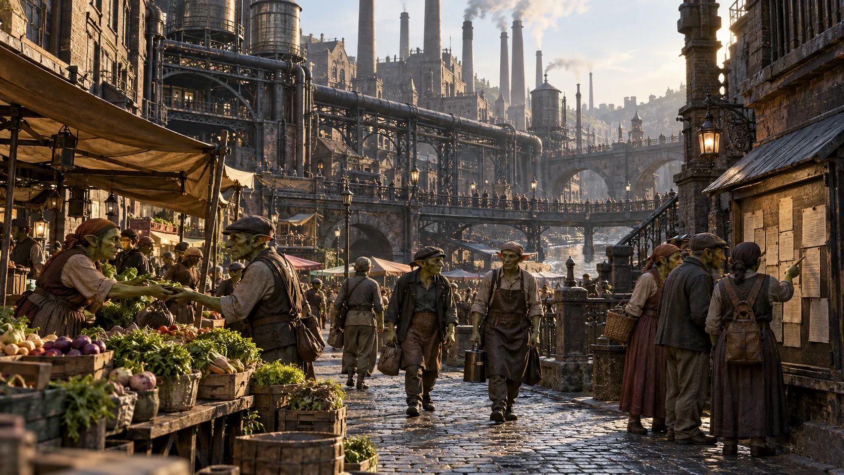 Goblin residents cross an industrial neighborhood with foundries, iron bridges and a street market.