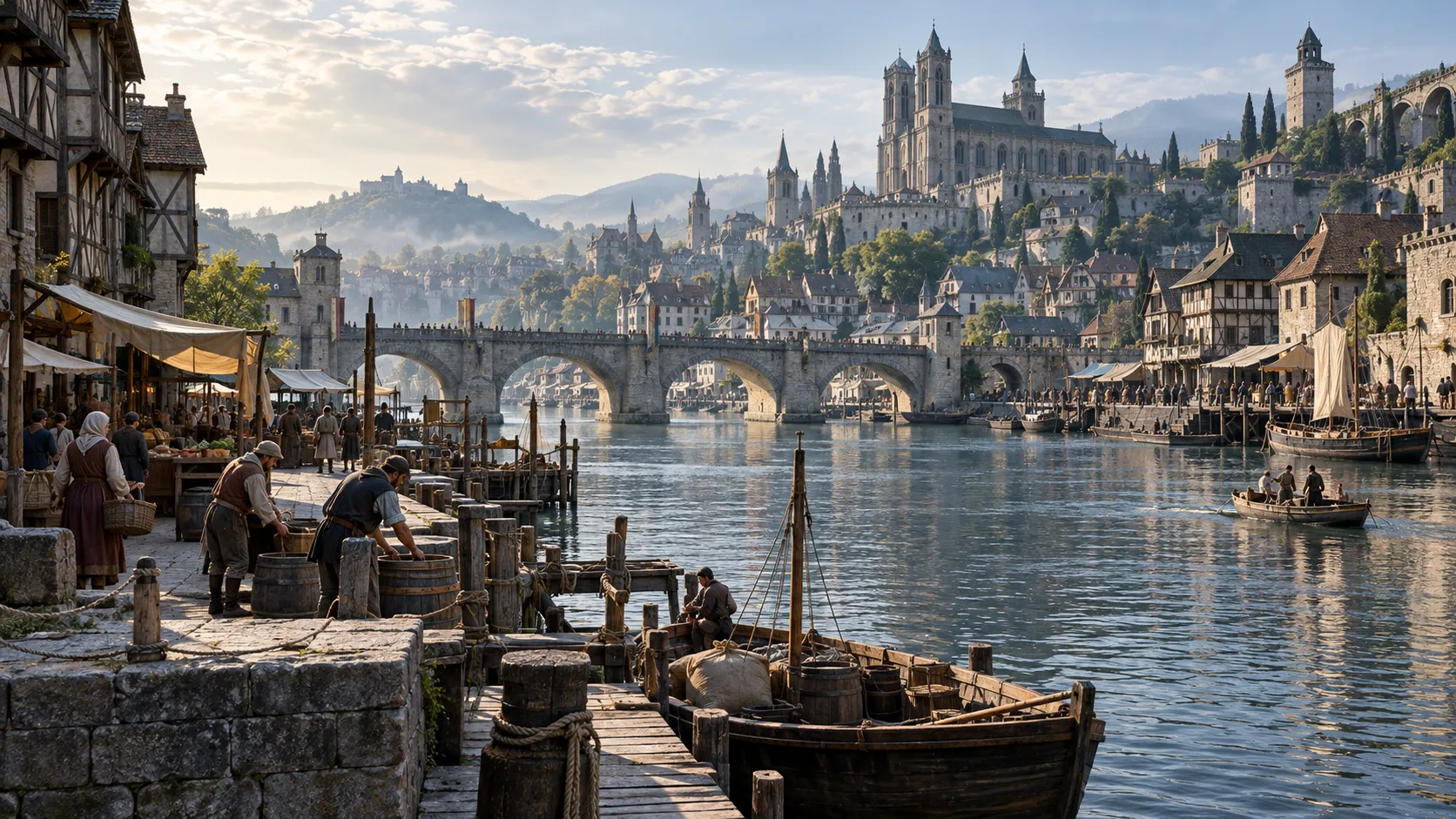 Human residents work along a broad river quay beneath stone bridges and a civic hall.
