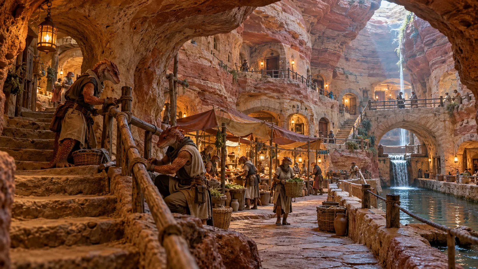 Kobold families and traders use arched passages around a tunnel-village market and cistern.