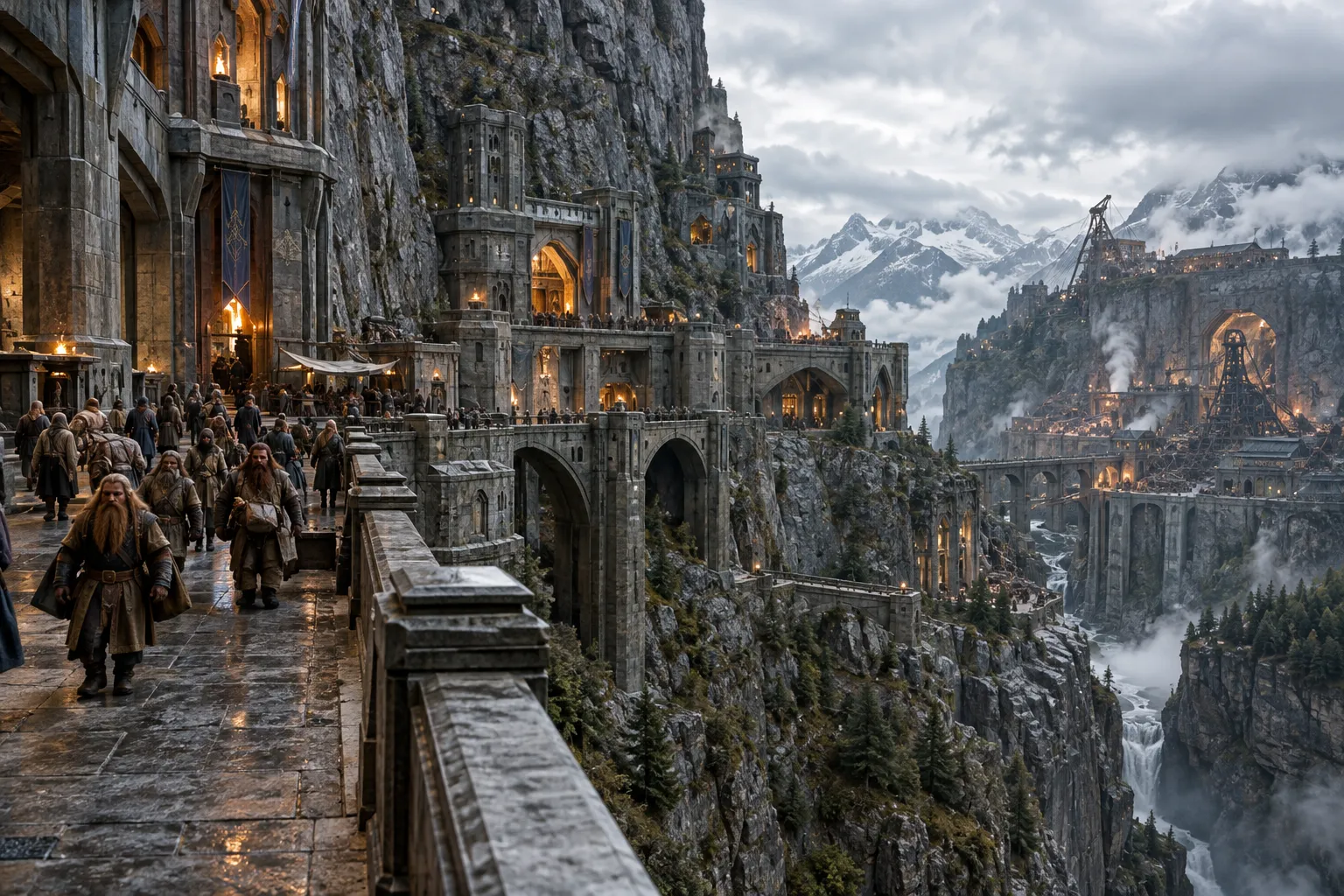 Mountain-cut halls and stone bridges climb the cliffside of Kharad Venn.