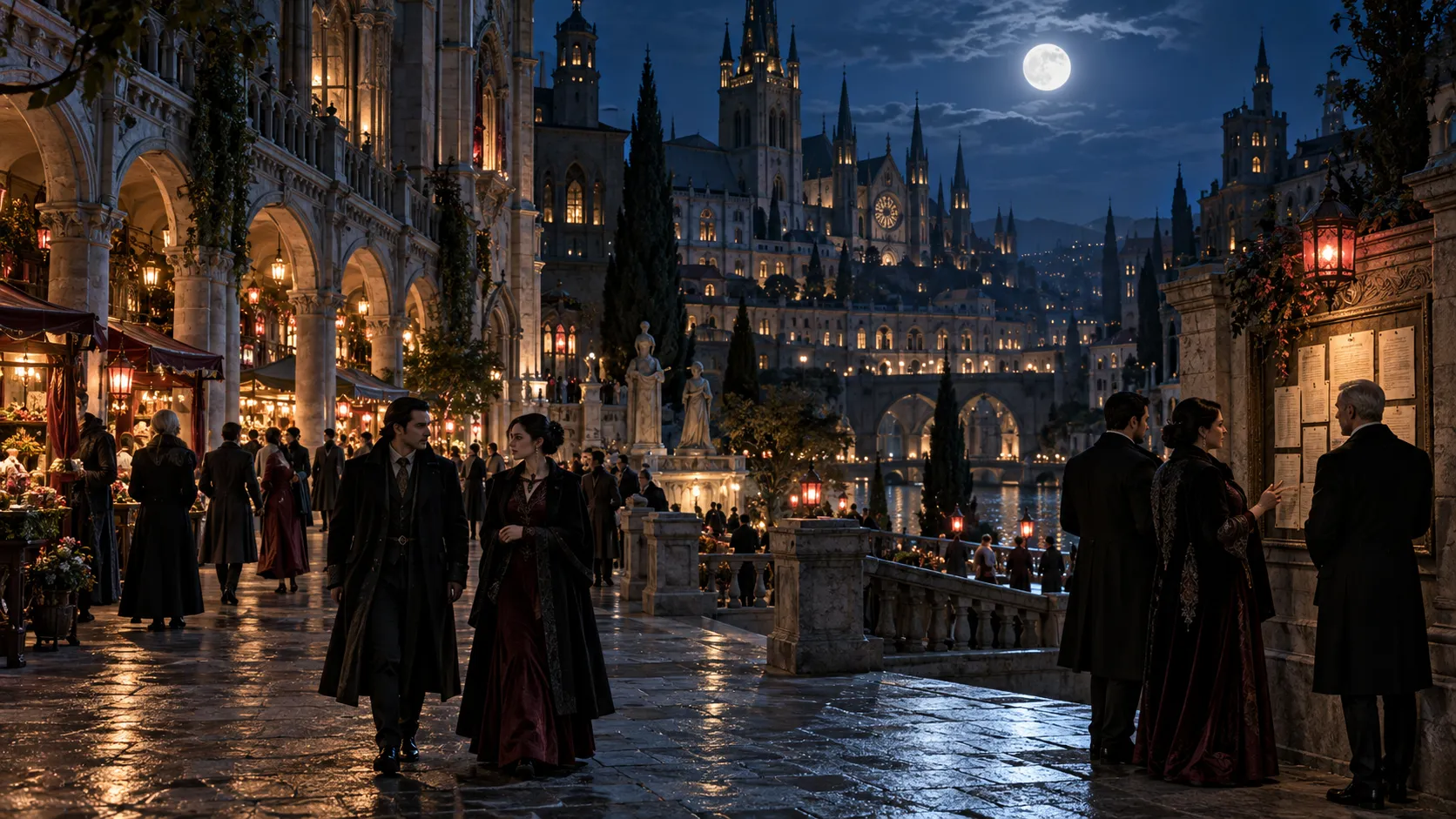 Residents gather in a lantern-lit vampire city square beneath the moon and dark stone towers.